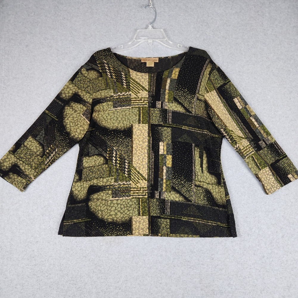 Notations Shirt Top Womens XL Green Black Abstract Print Stretchy Long Sleeve